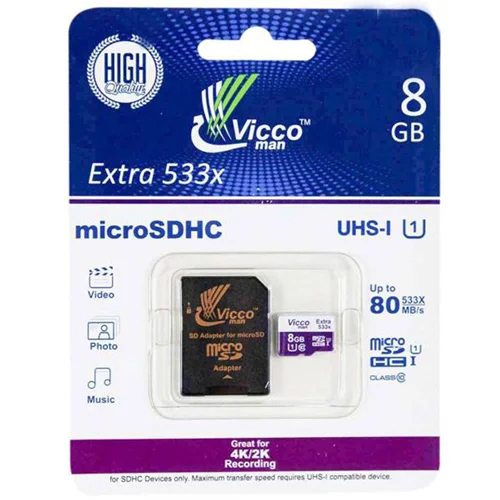 کارت حافظه microSDHC ویکو من مدل Extre 533X کلاس ۱۰ استاندارد UHS-I U1 سرعت ۸۰MBps ظرفیت ۸ گیگابایت همراه با آداپتور SD