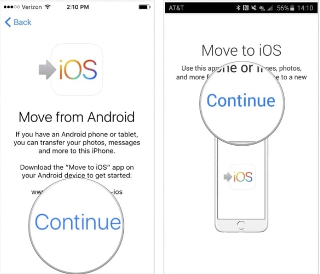 2. حالا وارد اپلیکیشن Move to iOS شده و گزینه ی Continue و سپس Agree را بزنید